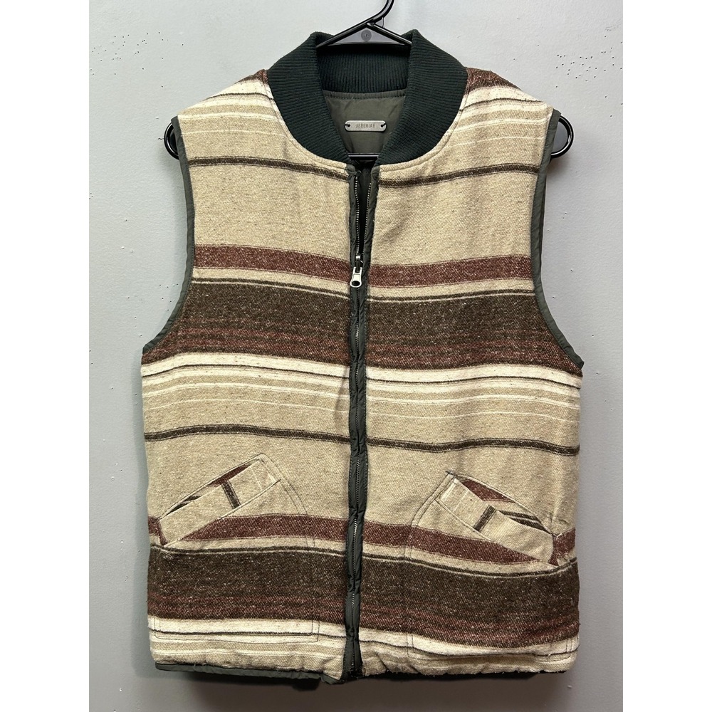 Jeremiah Vest Mens Small Reversible Quilted Olive Blanket Stripe‎ Zip Pockets
